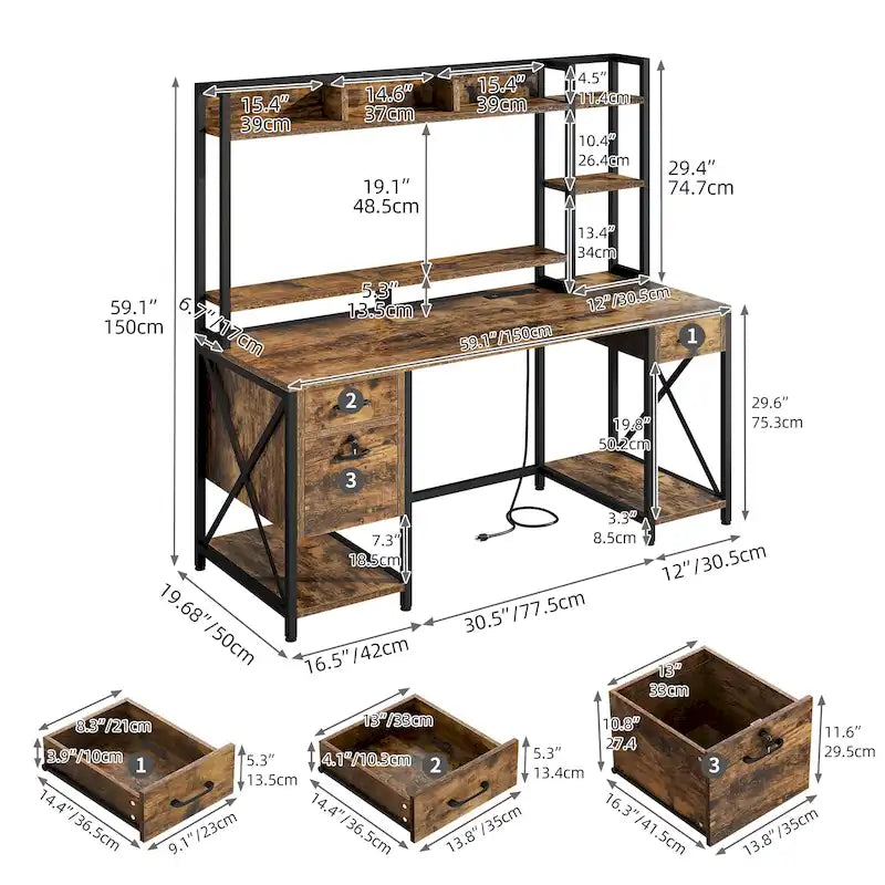 Moasis 59 Inch Computer Gaming Desk with Hutch and Bookshelf Home Office Desks with 3 Drawers