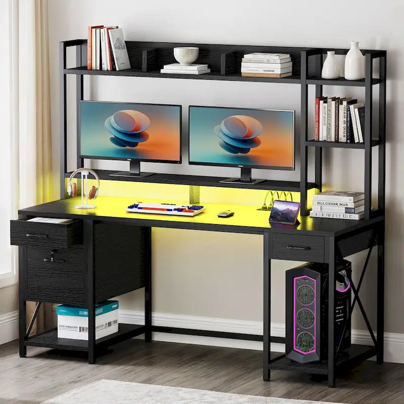 Moasis 59 Inch Computer Gaming Desk with Hutch and Bookshelf Home Office Desks with 3 Drawers