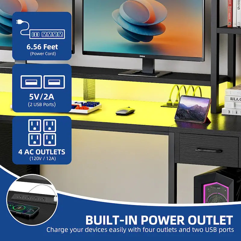 Moasis 59 Inch Computer Gaming Desk with Hutch and Bookshelf Home Office Desks with 3 Drawers
