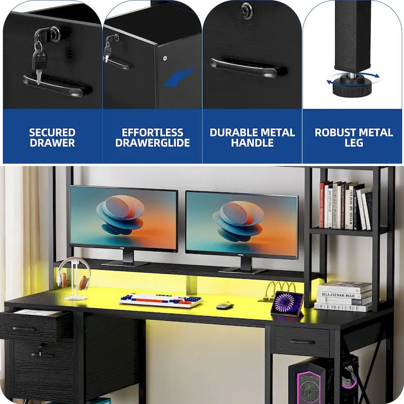 Moasis 59 Inch Computer Gaming Desk with Hutch and Bookshelf Home Office Desks with 3 Drawers