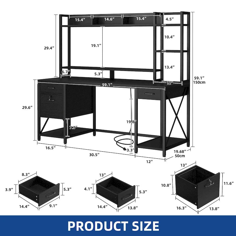 Moasis 59 Inch Computer Gaming Desk with Hutch and Bookshelf Home Office Desks with 3 Drawers