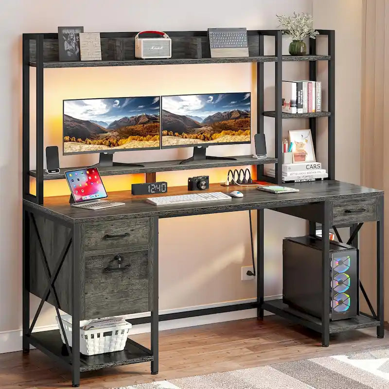 Moasis 59 Inch Computer Gaming Desk with Hutch and Bookshelf Home Office Desks with 3 Drawers