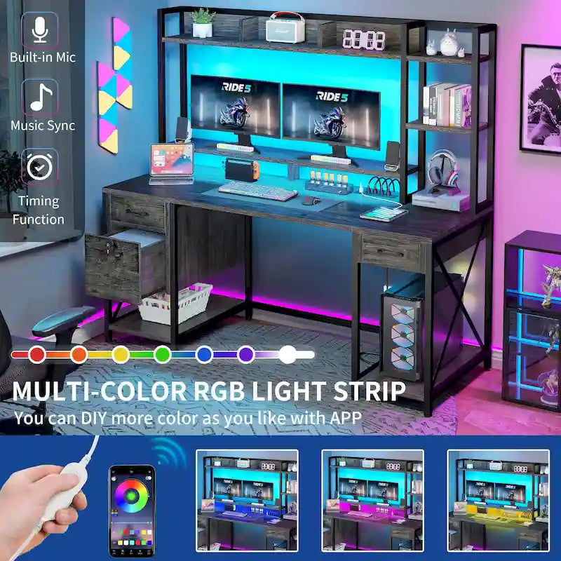 Moasis 59 Inch Computer Gaming Desk with Hutch and Bookshelf Home Office Desks with 3 Drawers