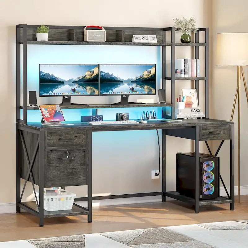 Moasis 59 Inch Computer Gaming Desk with Hutch and Bookshelf Home Office Desks with 3 Drawers