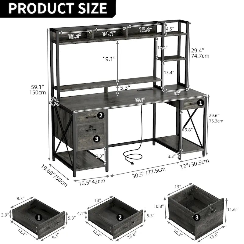 Moasis 59 Inch Computer Gaming Desk with Hutch and Bookshelf Home Office Desks with 3 Drawers