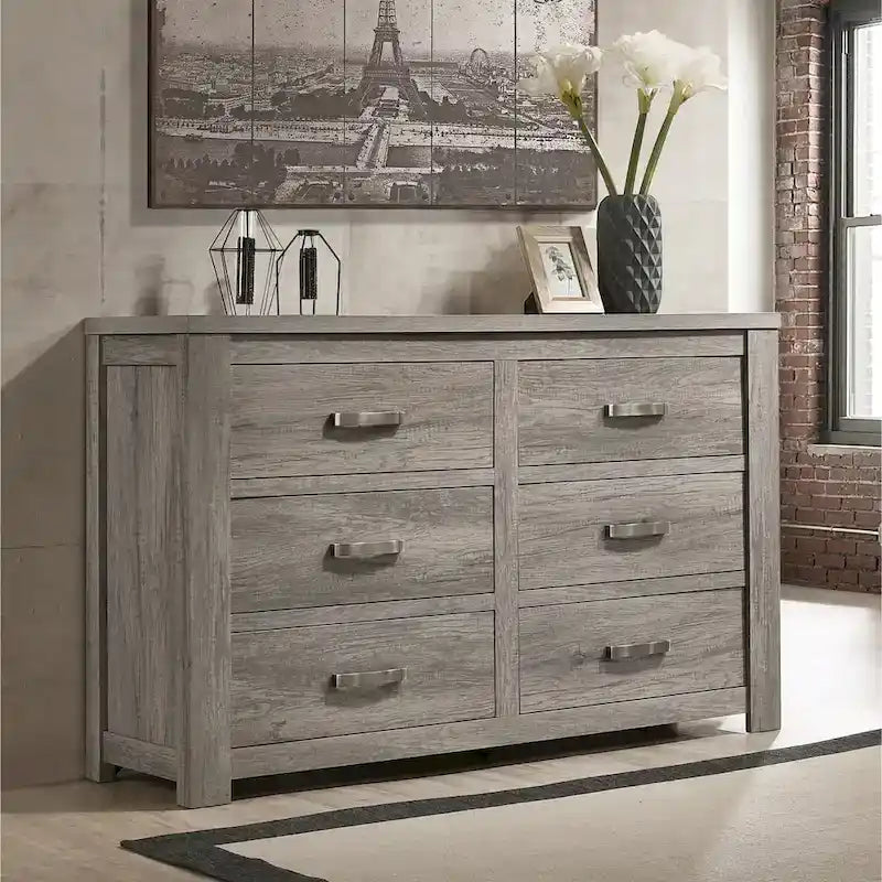 Roundhill Furniture Floren Contemporary Weathered Gray Wood Bedroom Set, Panel Bed, Dresser, Mirror, Nightstand, Chest