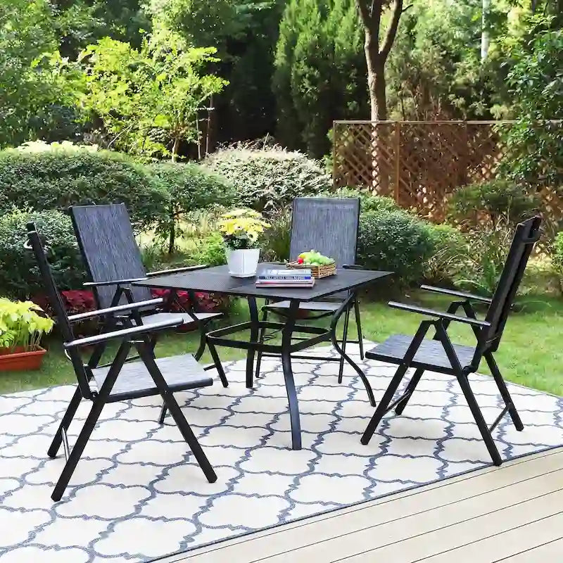 Set da pranzo da 5 pezzi per patio, 4 sedie da pranzo pieghevoli reclinabili in tessuto e 1 tavolo con foro per ombrellone
