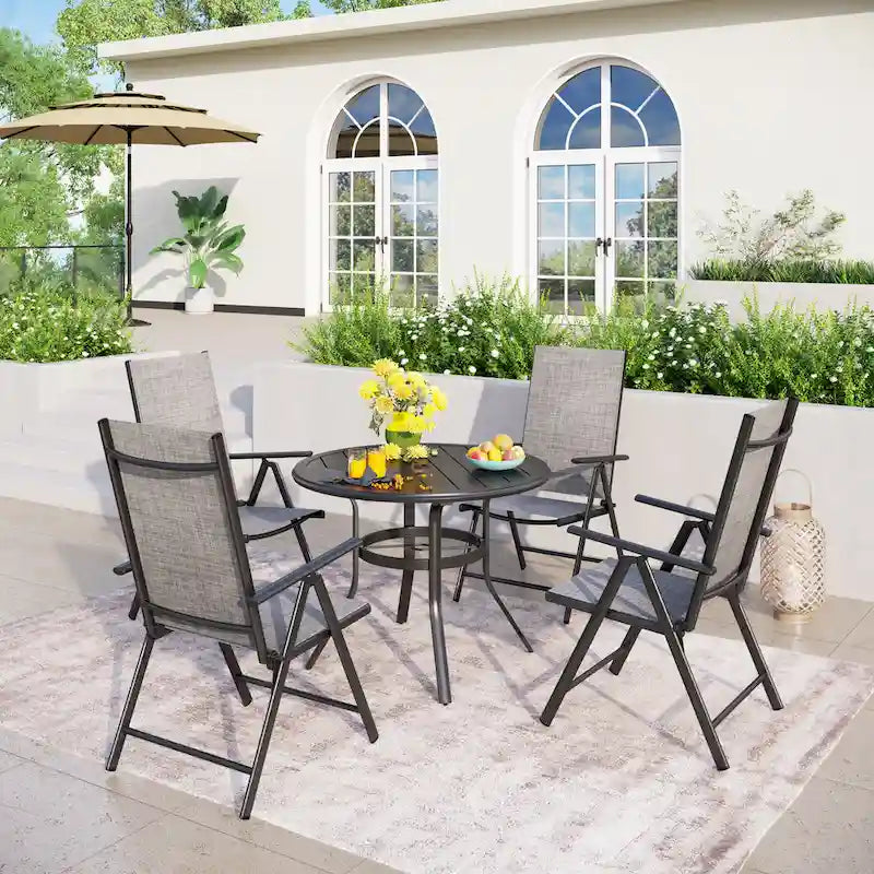 Patio 5 Pieces Dining Set, 4 x Reclining Folding Sling Dining Chairs and 1 x Table with an Umbrella Hole