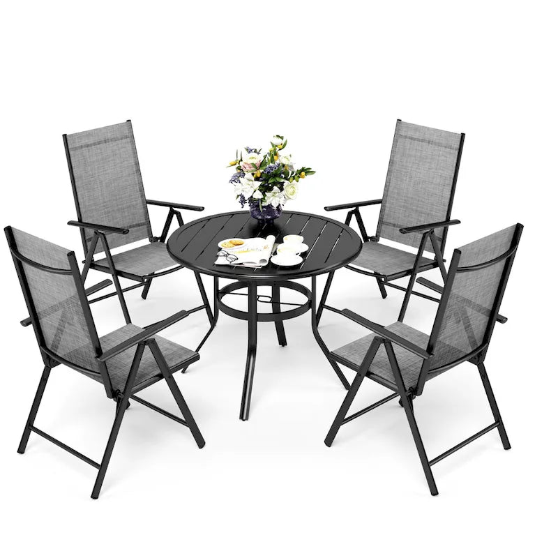 Patio 5 Pieces Dining Set, 4 x Reclining Folding Sling Dining Chairs and 1 x Table with an Umbrella Hole
