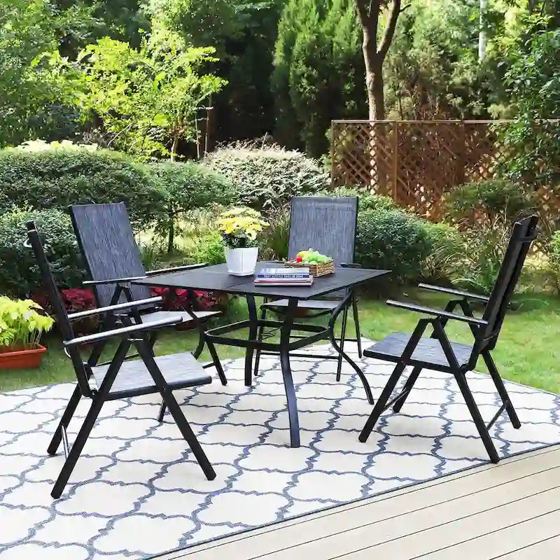Patio 5 Pieces Dining Set, 4 x Reclining Folding Sling Dining Chairs and 1 x Table with an Umbrella Hole