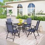 Patio 5 Pieces Dining Set, 4 x Reclining Folding Sling Dining Chairs and 1 x Table with an Umbrella Hole