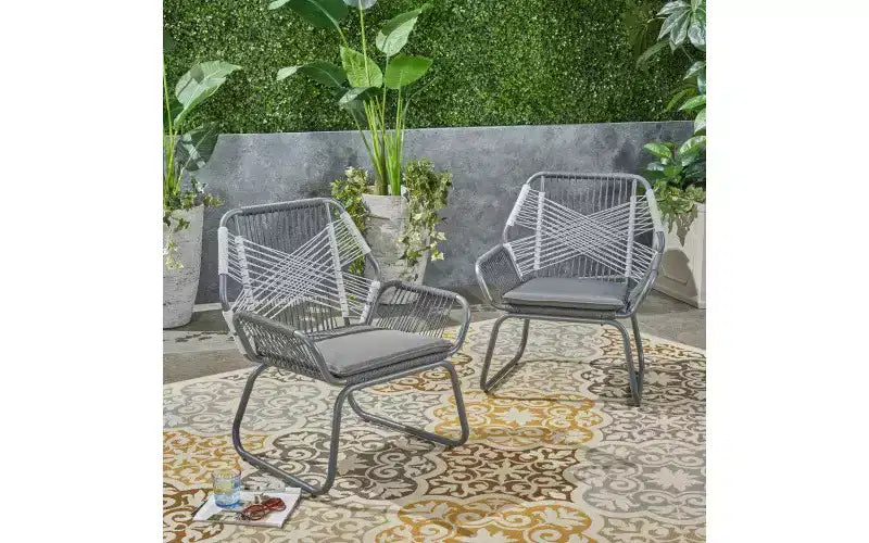 Set di 2 sedie Club da Patio, sedie Club da esterno in corda intrecciata con telaio in acciaio, sedie da pranzo con cuscino resistente all'acqua per giardino, cortile