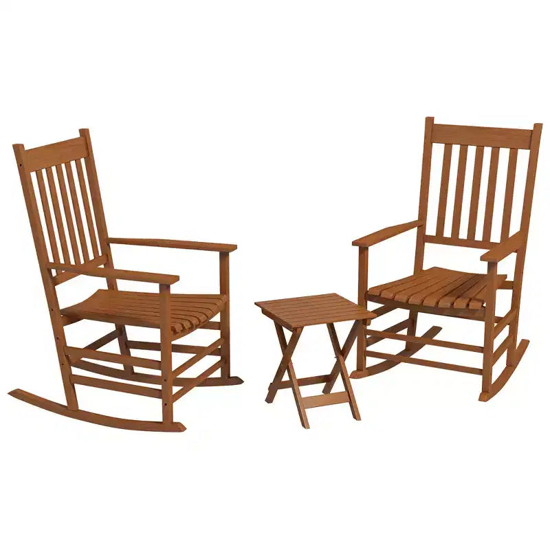 Set di sedie a dondolo in legno Outsunny, braccioli curvi, schienale alto, tavolino con piano a doghe, set per esterni