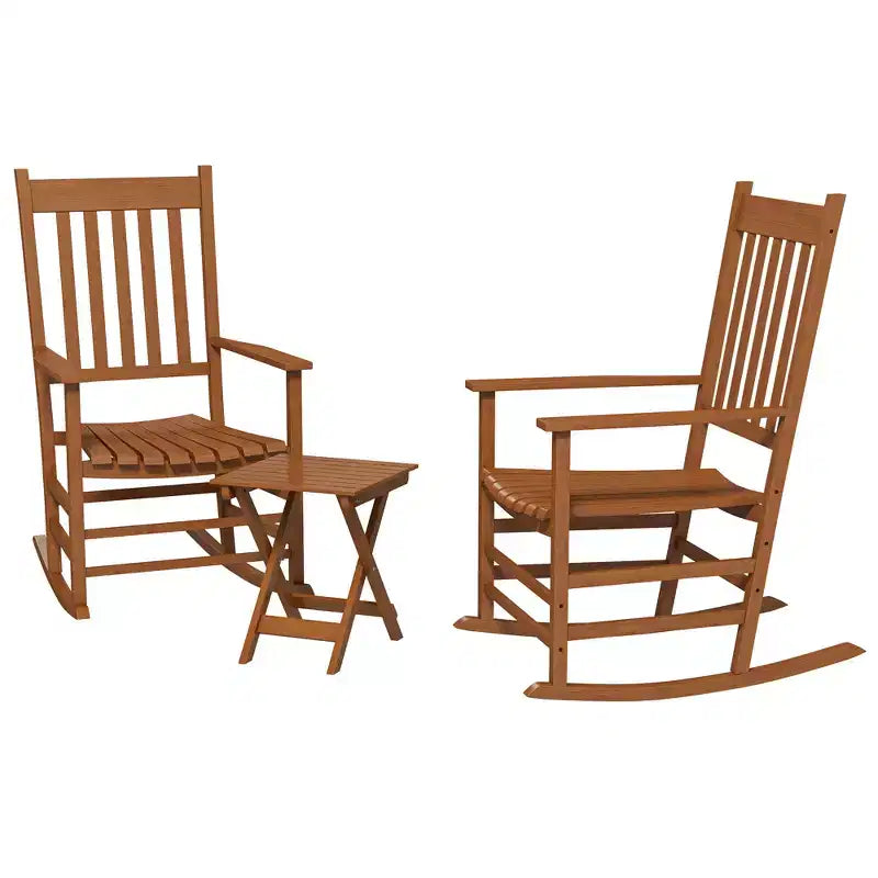 Set di sedie a dondolo in legno Outsunny, braccioli curvi, schienale alto, tavolino con piano a doghe, set per esterni