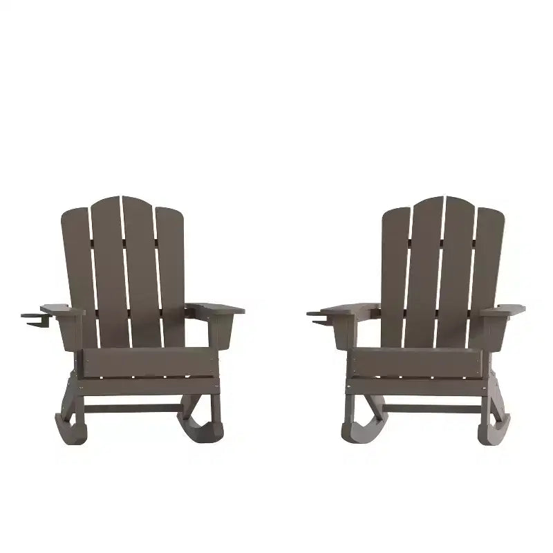 Merrick Lane Set of 2 Adirondack Rocking Chairs with Cup Holder, All-Weather HDPE Indoor/Outdoor Chairs