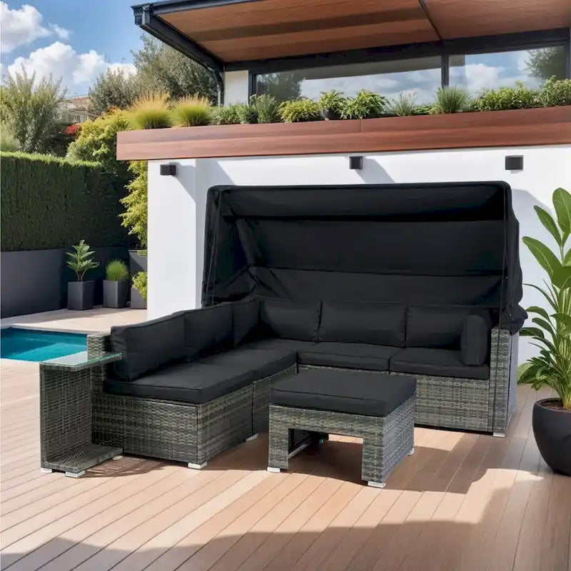 7-Piece Patio Furniture w/Retractable Canopy Wicker Rattan Sectional Sofa