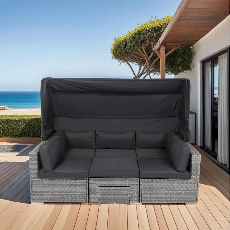 7-Piece Patio Furniture w/Retractable Canopy Wicker Rattan Sectional Sofa