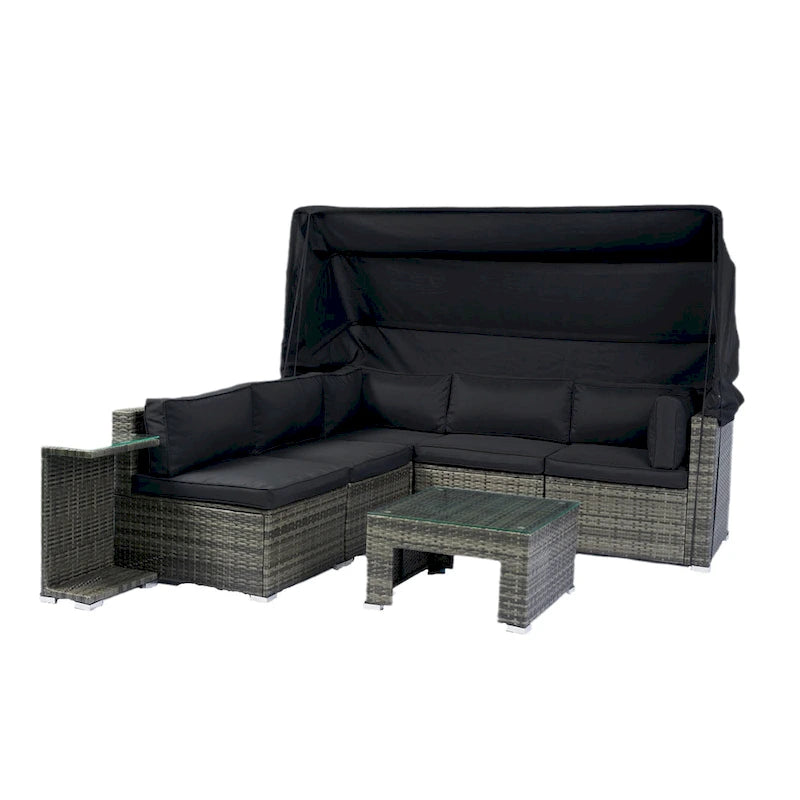 7-Piece Patio Furniture w/Retractable Canopy Wicker Rattan Sectional Sofa