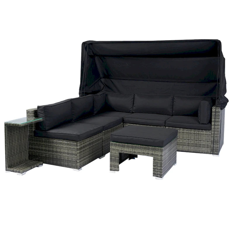 7-Piece Patio Furniture w/Retractable Canopy Wicker Rattan Sectional Sofa