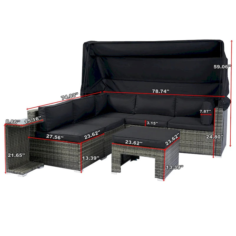 7-Piece Patio Furniture w/Retractable Canopy Wicker Rattan Sectional Sofa