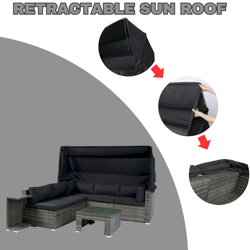 7-Piece Patio Furniture w/Retractable Canopy Wicker Rattan Sectional Sofa