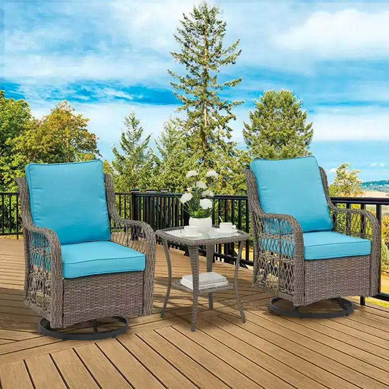 3 Pieces Outdoor Swivel Rocker Chair Set of 2 with Glass Top Table