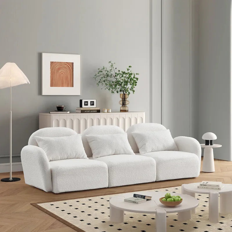 Mobili per soggiorno, divano pigro a tre posti in tessuto Teddy, colore bianco