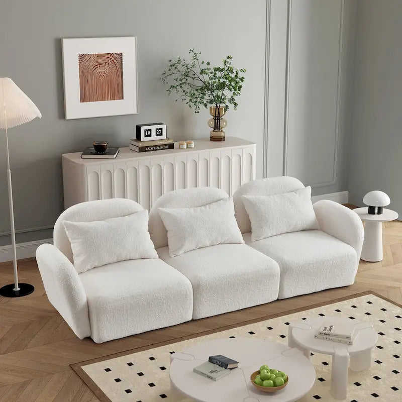 Mobili per soggiorno, divano pigro a tre posti in tessuto Teddy, colore bianco
