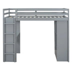 Full Size Loft Bed with large shelves, writing desk and LED Light, Gray