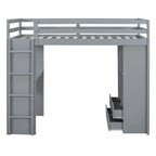Full Size Loft Bed with large shelves, writing desk and LED Light, Gray