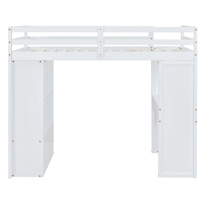 Full Size Loft Bed with large shelves, writing desk and LED Light, Gray