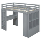 Full Size Loft Bed with large shelves, writing desk and LED Light, Gray
