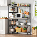 Brown Industrial Wood Bakers Rack with Storage,Black Modern Microwave Oven Stand,5-Tier Kitchen Utility Storage Shelf