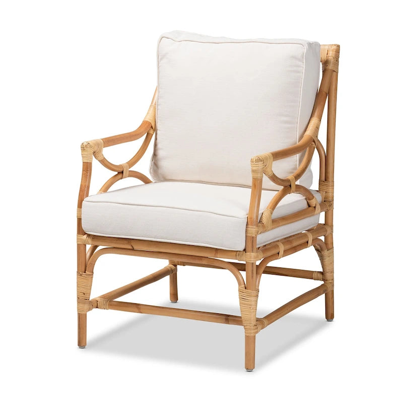 Poltrona in Rattan Imbottita Stile Bohemien Brandon - Bianco/Naturale