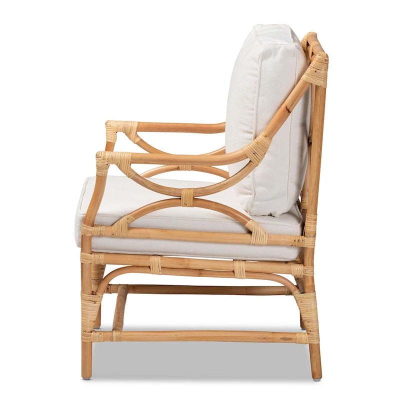 Poltrona in Rattan Imbottita Stile Bohemien Brandon - Bianco/Naturale