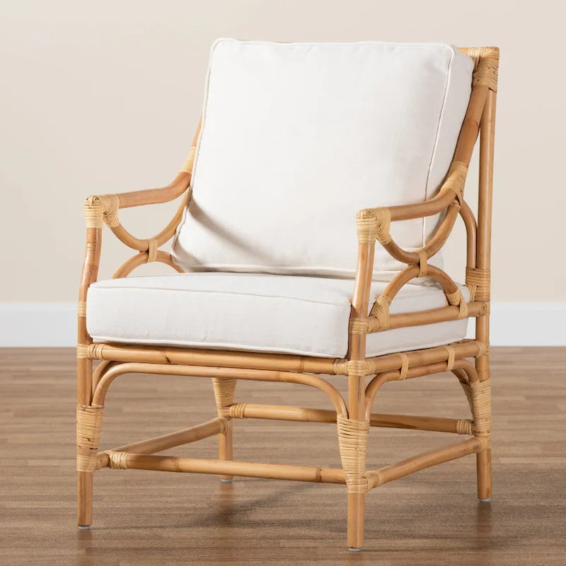 Poltrona in Rattan Imbottita Stile Bohemien Brandon - Bianco/Naturale