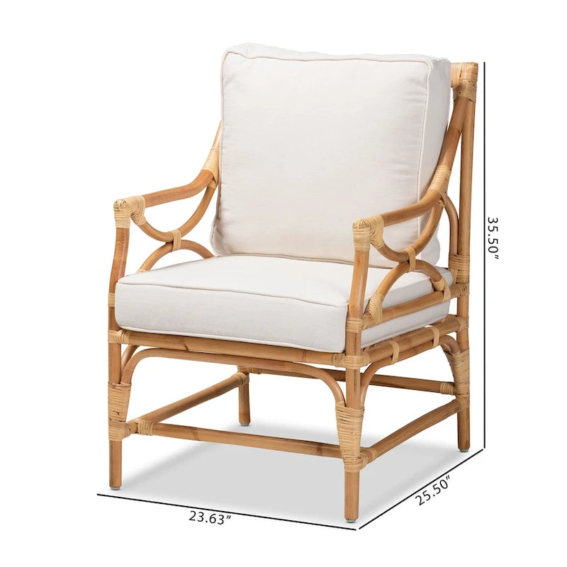 Poltrona in Rattan Imbottita Stile Bohemien Brandon - Bianco/Naturale