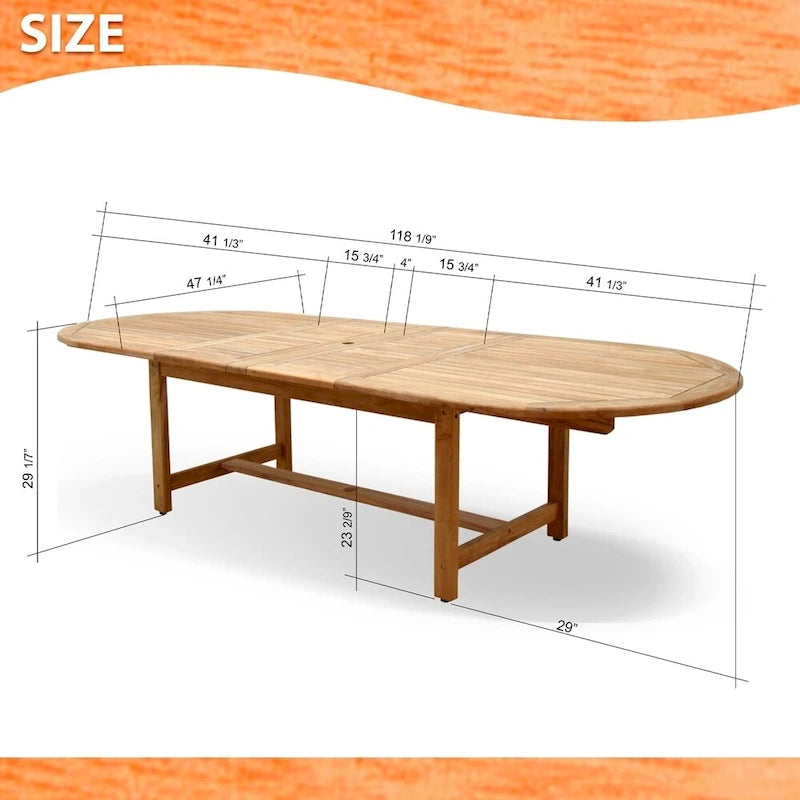 Amazonia Brown Oval Teak Wood Outdoor Dining Table with Extension - 87 in. L x 47 in. W x 29 in. H