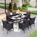 7 Pieces Outdoor Patio Dining Set, 6 PE Rattan Chairs with Cushions and 1 Rectangle Metal Table