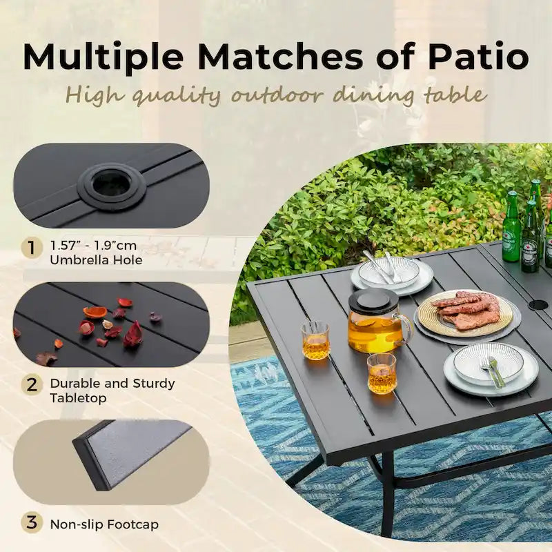 7 Pieces Outdoor Patio Dining Set, 6 PE Rattan Chairs with Cushions and 1 Rectangle Metal Table