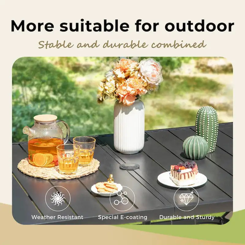 7 Pieces Outdoor Patio Dining Set, 6 PE Rattan Chairs with Cushions and 1 Rectangle Metal Table