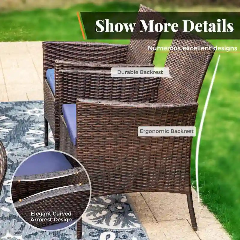 7 Pieces Outdoor Patio Dining Set, 6 PE Rattan Chairs with Cushions and 1 Rectangle Metal Table