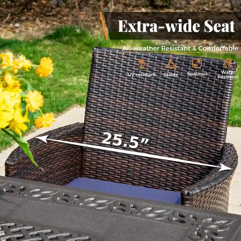 7 Pieces Outdoor Patio Dining Set, 6 PE Rattan Chairs with Cushions and 1 Rectangle Metal Table
