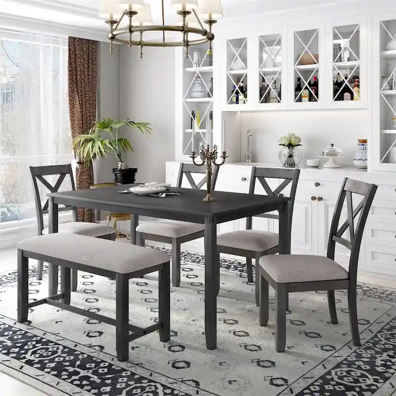Merax Wooden 6-Piece Kitchen Dining Set with Bench and 4 Dining Chairs