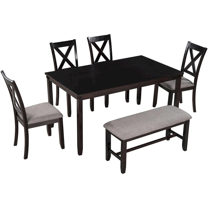 Merax Wooden 6-Piece Kitchen Dining Set with Bench and 4 Dining Chairs