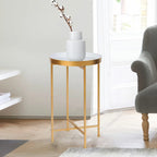 Adeco Round End Table Gold Metal Side Nightstand Accent Coffee Tables - 15(D)x 15(W)x 25.7(H)