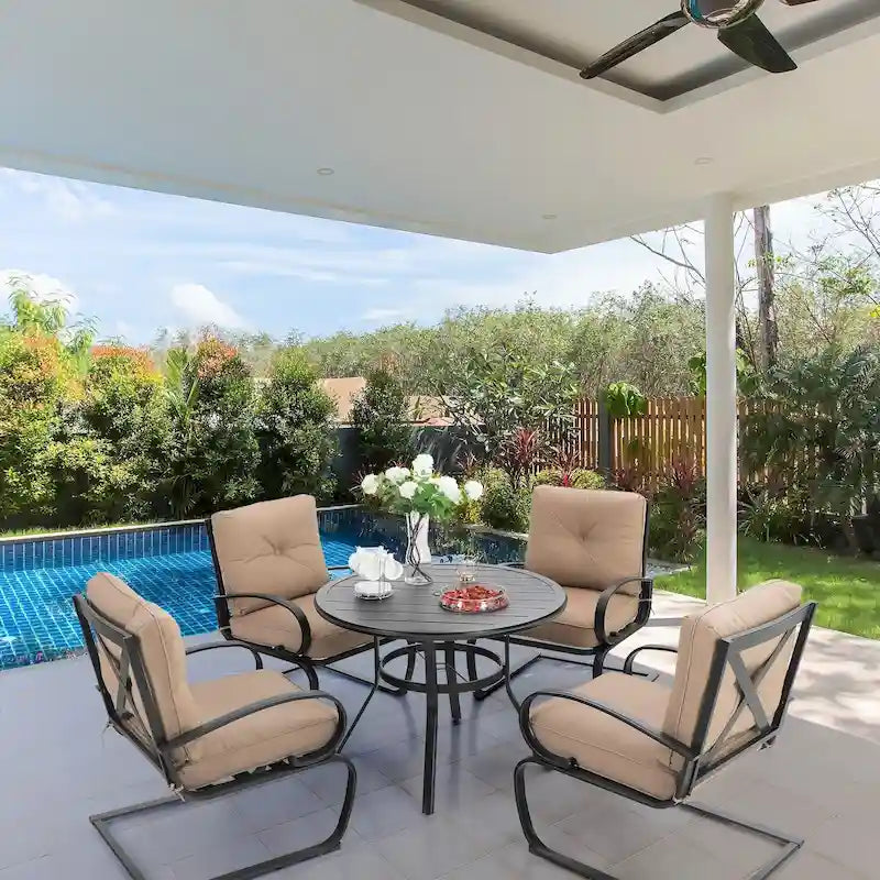 MAISON ARTS 5 Pieces Patio Dining Set, 4 Spring Dining Chairs and 1 Round Table with 1.57 Umbrella Hole, Beige
