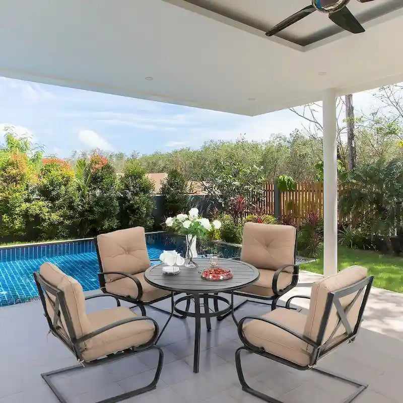 MAISON ARTS 5 Pieces Patio Dining Set, 4 Spring Dining Chairs and 1 Round Table with 1.57 Umbrella Hole, Beige