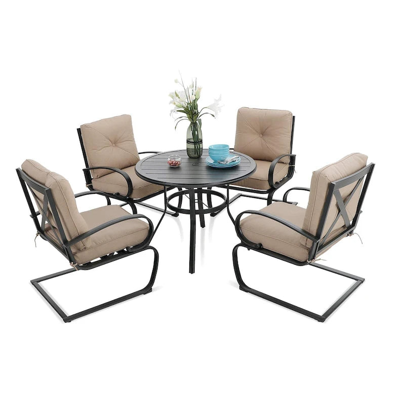 MAISON ARTS 5 Pieces Patio Dining Set, 4 Spring Dining Chairs and 1 Round Table with 1.57 Umbrella Hole, Beige