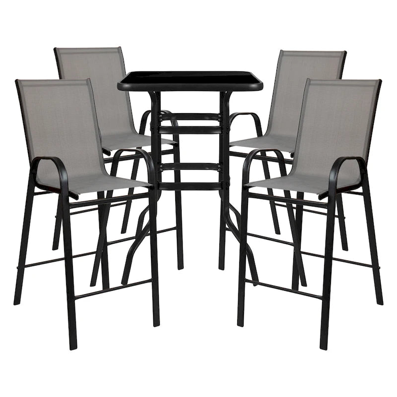 5 Piece Outdoor Glass Bar Patio Table Set with 4 Barstools